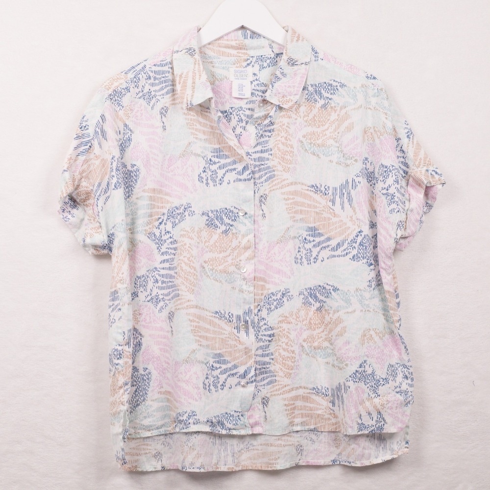 SIGRID OLSEN Linen Abstract Print Boxy Button Up Blouse Pastel Sz M